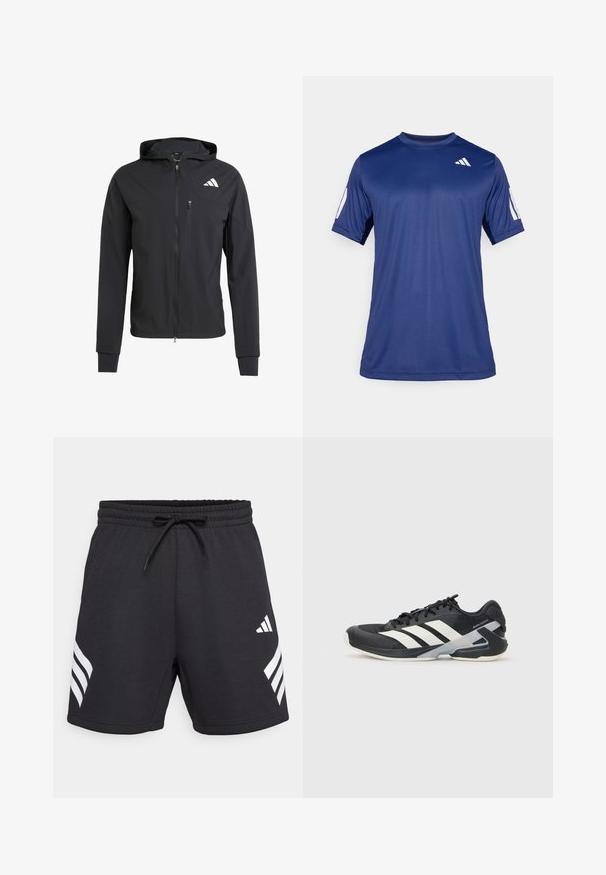 Μαύρο φούτερ με φερμουάρ, φτιαγμένο από μαλακό, ελαφρύ ύφασμα. Διαθέτει τσέπη στο στήθος με φερμουάρ και λεπτομέρεια λογότυπου στην αριστερή επάνω πλευρά.; Ναυτικό μπλε αθλητικό μπλουζάκι κοντού μανικιού φτιαγμένο από λείο ύφασμα, με στρογγυλή λαιμόκοψη και ένα λευκό λογότυπο στο πάνω αριστερό μέρος του στήθους.; Μαύρες σόρτσ με λάστιχο στη μέση, που διαθέτουν λευκές διαγώνιες ρίγες και απαλή, λεία υφή υφάσματος.; Μαύρο αθλητικό παπούτσι με άσπρες ρίγες, διχτυωτό πάνω μέρος, στρογγυλή μύτη και μαλακή σόλα. Διαθέτει υφή στη φτέρνα και ασφαλές σύστημα κορδονιών.