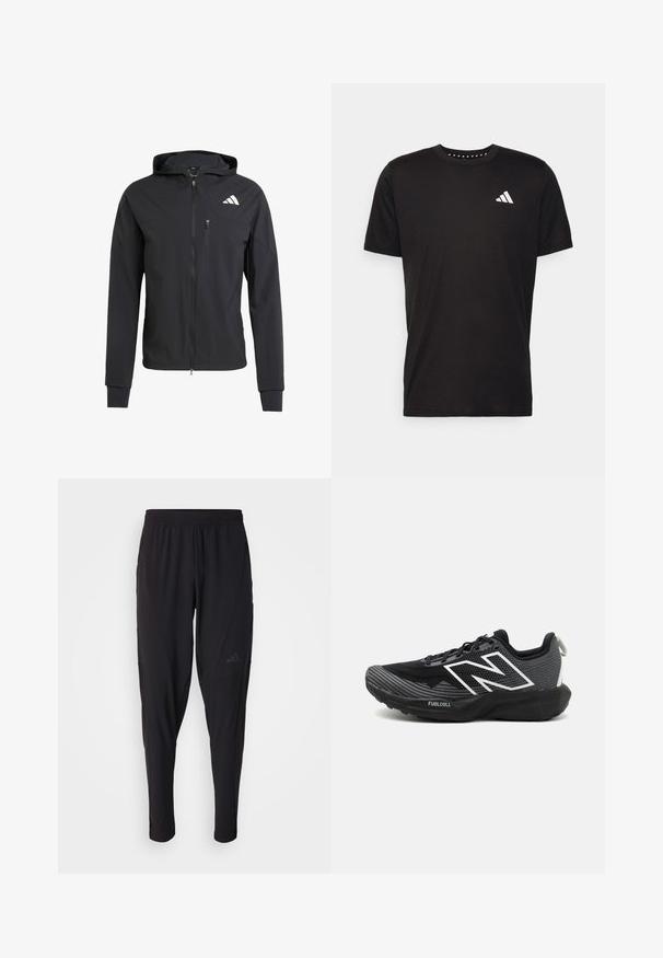 Svart hettejakke med glidelås laget av mykt, lett materiale. Har en glidelåslomme på brystet og logo detaljer øverst til venstre.; Svart bomulls t-skjorte med korte ermer, rund hals og en hvit logo på venstre bryst. Glatt tekstur og enkelt design.; Svarte treningsbukser med elastisk midje, smal design, sidelommer og subtil logo. Laget av fleksibelt, pustende stoff.; Svart New Balance løpesko med mesh-overdel, hvit logo med aksent, teksturert såle og en polstret mellomsåle merket "FUELCELL."