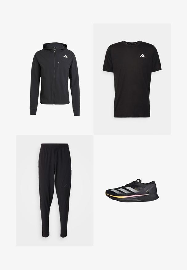 Svart hettejakke med glidelås laget av mykt, lett materiale. Har en glidelåslomme på brystet og logo detaljer øverst til venstre.; Svart bomulls t-skjorte med korte ermer, rund hals og en hvit logo på venstre bryst. Glatt tekstur og enkelt design.; Svarte treningsbukser med elastisk midje, smal design, sidelommer og subtil logo. Laget av fleksibelt, pustende stoff.; adidas Performance ADIZERO TAKUMI SEN 10 - Løpesko for vei - core black metalic spark