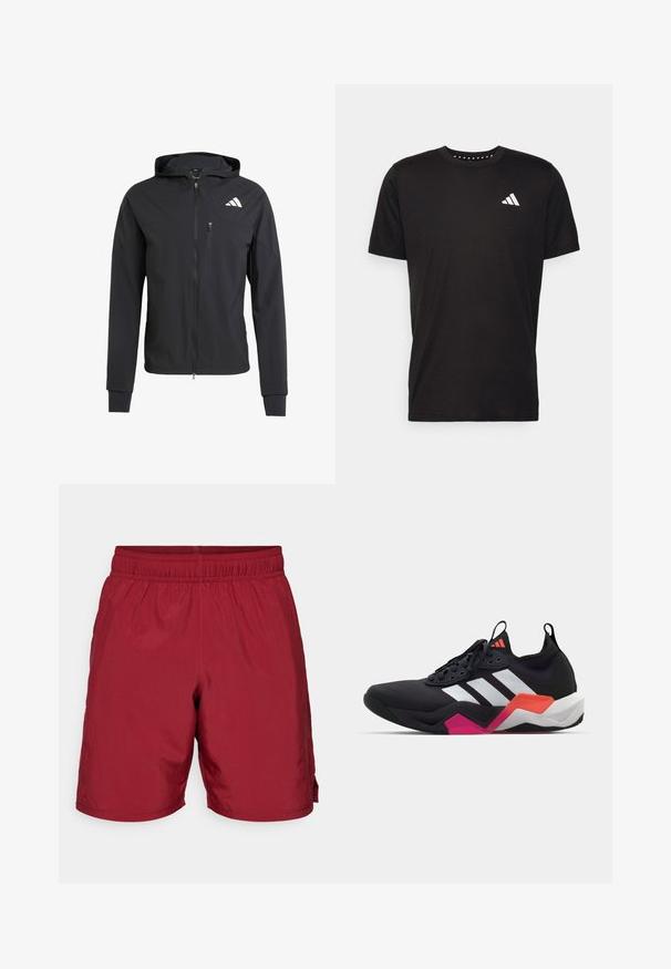 Casaco com capuz preto, com fecho éclair, feito de um tecido suave e leve. Possui um bolso no peito com fecho éclair e detalhe do logo no lado superior esquerdo.; T-shirt de algodão preto com mangas curtas, decote redondo e um logo branco no lado esquerdo do peito. Textura suave e design simples.; Calções elásticos na cor bordô com pernas direitas e um bolso do lado direito, apresentados sobre um fundo branco liso.; Sapatilha atlética preta com riscas brancas, parte superior texturizada e sola robusta com detalhes em laranja, rosa e branco. Design com atacadores e alça de puxar.