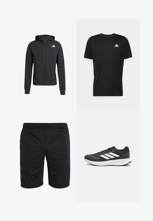 Jachetă neagră cu fermoar, cu glugă, realizată dintr-un material moale și ușor. Prezintă un buzunar pe piept cu fermoar și detalii cu logo în partea stângă sus.; Tricou negru din bumbac, cu mâneci scurte, de tip crew neckline, cu un logo alb pe pieptul stâng. Textură netedă și design simplu.; Șorturi atletice negre, confecționate dintr-un material ușor, prezentând un corset elastic și un design subtil al panourilor laterale. Textură netedă, fără buzunare.; Pantof cu aspect sport de culoare neagră, cu un upper din plasă respirabilă, accente albe și o talpă amortizată. Include logo-ul cu trei dungi pe lateral.