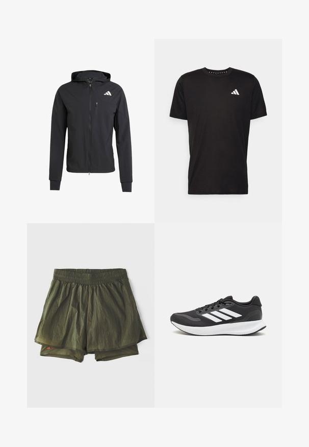Čierna zipsová bunda s kapucňou vyrobená z mäkkej, ľahkej tkaniny. Má zipsovú náprsné vrecko a logo umiestnené v hornej ľavej časti.; Čierne bavlnené tričko s krátkymi rukávmi, klasickým výstrihom a bielym logom na ľavej strane hrude. Hladká textúra a jednoduchý dizajn.; Olivové športové šortky s elastickým pásom, vnútornou podšívkou a perforovanými panelmi pre ventiláciu. Ľahký, neformálny dizajn.; Čierna športová obuv s priedušným sieťovaným zvrškom, bielymi akcentmi a polstrovanou podrážkou. Na bočnej strane sa nachádza logo so tromi pruhmi.