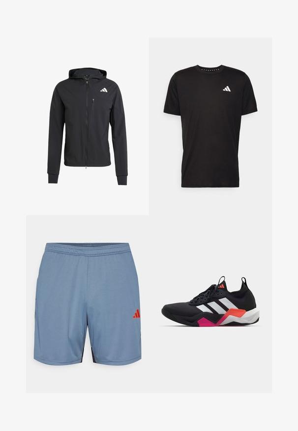 Zwarte ritssluiting capuchonjack van zacht, lichtgewicht materiaal. Heeft een ritszak op de borst en een logo-detail aan de bovenste linkerkant.; Zwarte katoenen t-shirt met korte mouwen, ronde hals en een wit logo op de linkerkant van de borst. Gladde textuur en eenvoudig ontwerp.; Lichtblauwe sportshorts met zwarte accenten aan de zijkanten, een elastische tailleband en een oranje Adidas-logo. Gemaakt van gladde, lichte stof.; Zwarte sportschoen met witte strepen, textuur bovenwerk en een chunky zool met oranje, roze en witte accenten. Vetersluiting met een treklus.