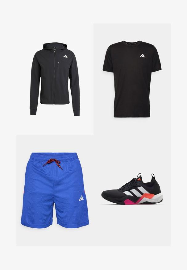 Melnas jaku ar rāvējslēdzēju, izgatavota no mīksta, viegla auduma. Iekļauj rāvējslēdzēja kabatu krūtīs un logotipa dizainu augšējā kreisajā pusē.; Melna kokvilnas t-krekls ar īsām piedurknēm, apaļu dekoltē un balto logo uz kreisā krūts. Gluda tekstūra un vienkāršs dizains.; Zili sporta šorti ar teksturētu rakstu, elastīgu jostu, sarkanu un melnu auklu un baltu logotipa akcentu uz kreisās kājas.; Melna sporta kurpe ar baltām svītrām, teksturētu virsējo daļu un masīvu zoli, kurai ir oranži, rozā un baltie akcenti. Auklu dizains ar vilkšanas cilpu.