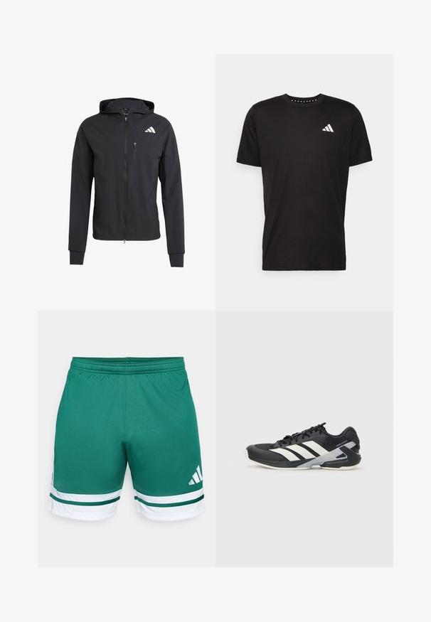 Zwarte ritssluiting capuchonjack van zacht, lichtgewicht materiaal. Heeft een ritszak op de borst en een logo-detail aan de bovenste linkerkant.; Zwarte katoenen t-shirt met korte mouwen, ronde hals en een wit logo op de linkerkant van de borst. Gladde textuur en eenvoudig ontwerp.; Groene sportshorts met een elastische tailleband, voorzien van witte strepen en accenten. Gemaakt van een gladde stof met een logo aan de zijkant.; Zwarte sportschoen met witte strepen, bovenwerk van mesh, ronde neus en geveerde zool. Heeft een getextureerde hak en een veilig vetersysteem.