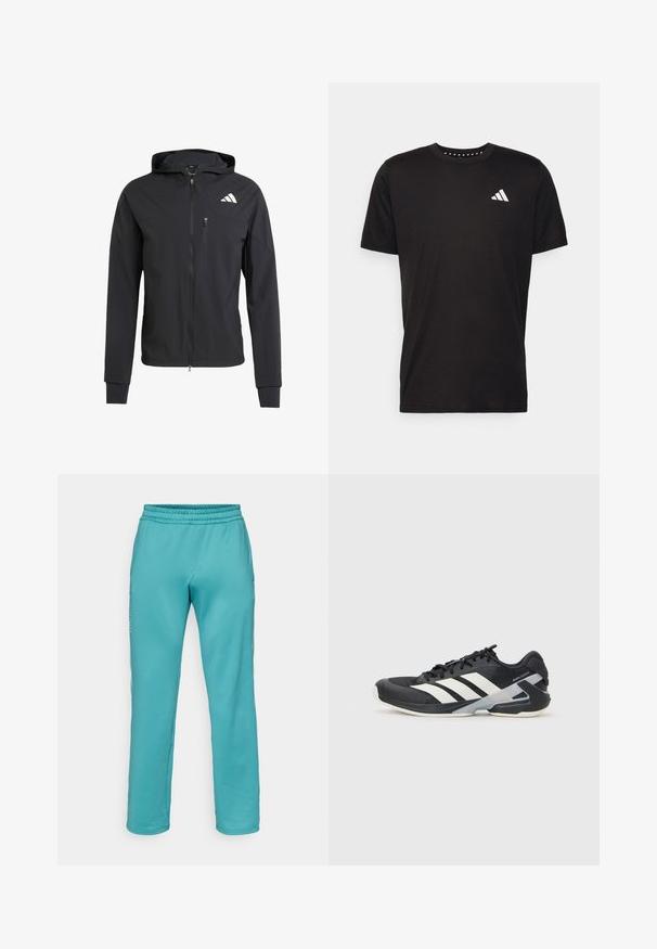 Melnas jaku ar rāvējslēdzēju, izgatavota no mīksta, viegla auduma. Iekļauj rāvējslēdzēja kabatu krūtīs un logotipa dizainu augšējā kreisajā pusē.; Melna kokvilnas t-krekls ar īsām piedurknēm, apaļu dekoltē un balto logo uz kreisā krūts. Gluda tekstūra un vienkāršs dizains.; Tirkīza sporta bikses, izgatavotas no mīksta auduma, ar elastīgu jostu, taisnu griezumu un minimālistisku dizainu bez redzamām rakstām.; Melnas sporta kurpes ar baltām svītrām, acs augšdaļa, noapaļots pirksts un mīksts zole. Iespējams ar teksturētu papēdi un drošu šņoru sistēmu.