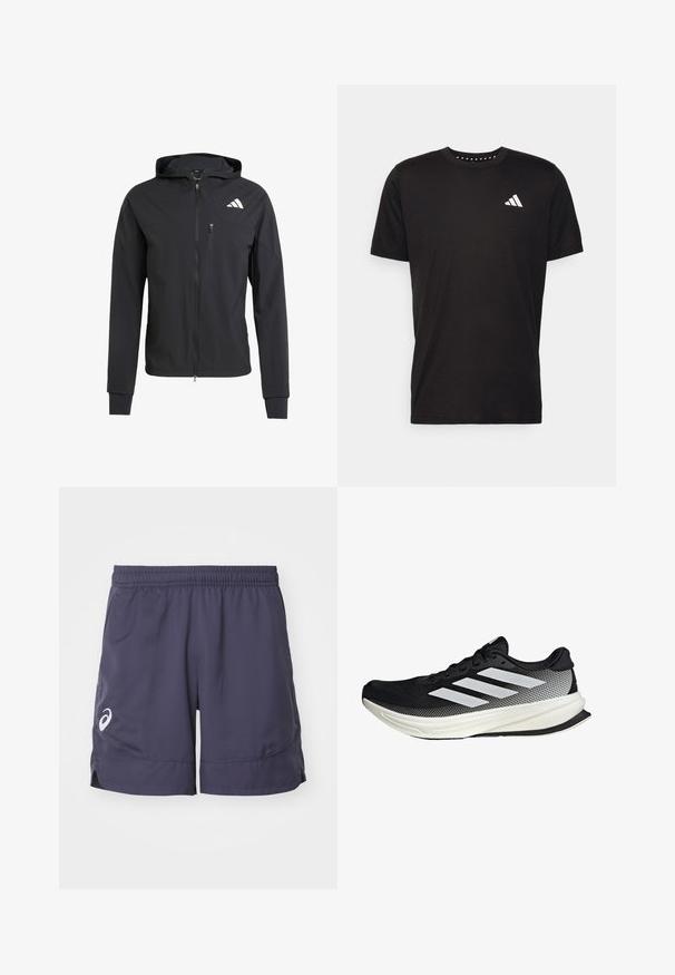 Giacca nera con zip e cappuccio realizzata in tessuto morbido e leggero. Presenta una tasca sul petto con zip e un dettaglio del logo sulla parte superiore sinistra.; T-shirt in cotone nero con maniche corte, scollo rotondo e logo bianco sul lato sinistro del petto. Texture liscia e design semplice.; Pantaloni corti sportivi navy realizzati in tessuto leggero, con una vita elasticizzata, aperture laterali e un logo bianco sul lato sinistro.; Scarpa sportiva nera con design in rete, caratterizzata da strisce bianche, punta arrotondata e suola testurizzata per aderenza e supporto.