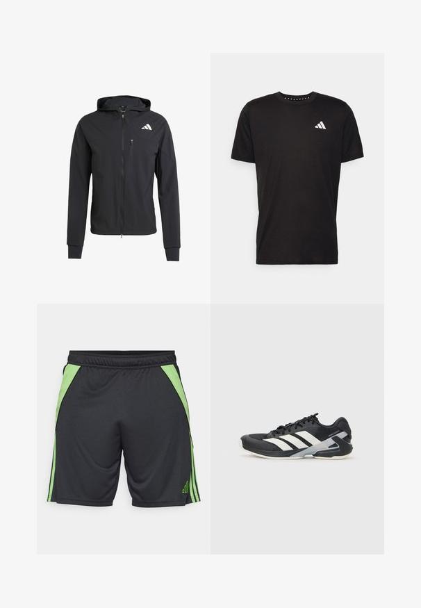 Zwarte ritssluiting capuchonjack van zacht, lichtgewicht materiaal. Heeft een ritszak op de borst en een logo-detail aan de bovenste linkerkant.; Zwarte katoenen t-shirt met korte mouwen, ronde hals en een wit logo op de linkerkant van de borst. Gladde textuur en eenvoudig ontwerp.; Zwarte sportbroek met groene zijaccenten en strepen. Gemaakt van lichtgewicht materiaal, met een elastische tailleband voor comfort.; Zwarte sportschoen met witte strepen, bovenwerk van mesh, ronde neus en geveerde zool. Heeft een getextureerde hak en een veilig vetersysteem.