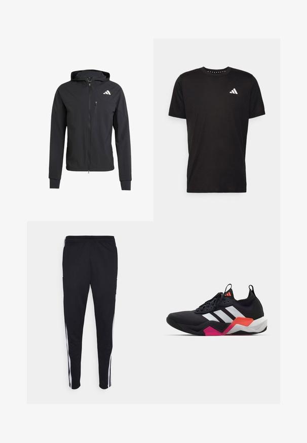 Sort zip-up hættetrøje lavet af blødt, letvægtsstof. Har en lynlåslomme på brystet og logo-detalje på øverste venstre side.; Sort bomulds T-shirt med korte ærmer, rund hals og et hvidt logo på venstre bryst. Glat tekstur og enkelt design.; Sorte athletic bukser med en afslappet pasform, der har hvide sidestænger, en snoretræk i taljen og to sidelommer. Lavet af blødt stof.; Sort atletisk sko med hvide striber, tekstureret overdel og en kraftig sål med orange, pink og hvide detaljer. Snørebåndsdesign med trækløkke.