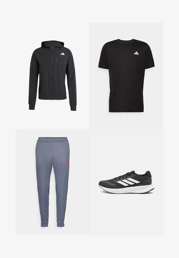 Zwarte ritssluiting capuchonjack van zacht, lichtgewicht materiaal. Heeft een ritszak op de borst en een logo-detail aan de bovenste linkerkant.; Zwarte katoenen t-shirt met korte mouwen, ronde hals en een wit logo op de linkerkant van de borst. Gladde textuur en eenvoudig ontwerp.; Grijze sportieve broek met een tapered fit, featuring zwarte zijpanelen en een oranje Adidas-logo op de bovenkant van het rechterbeen. Zacht, elastisch materiaal.; Zwart sportief schoen met ademend mesh bovenwerk, witte accenten en een gevoerde zool. Beschikt over een logo met drie strepen aan de zijkant.