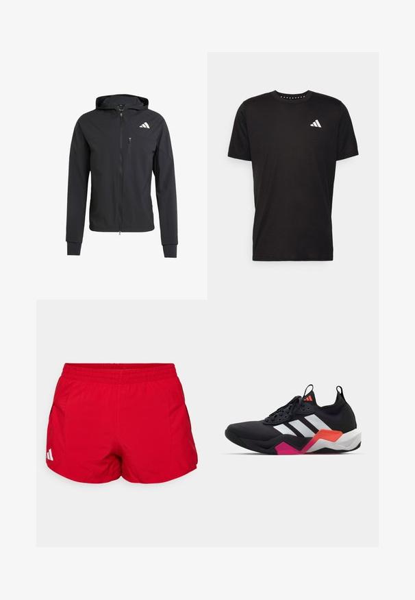 Musta vetoketjullinen huppari, joka on valmistettu pehmeästä ja kevyestä kankaasta. Siinä on vetoketjullinen rintatasku ja logotunnus vasemmalla ylhäällä.; Musta puuvillapaita lyhyillä hihoilla, pyöreä pääntie ja valkoinen logo vasemmassa rinnassa. Sujuva rakenne ja yksinkertainen muotoilu.; Punaiset urheilushortsit, jotka on valmistettu kevyestä kankaasta ja joissa on joustava vyötärönauha. Sivutaskut ja valkoinen logo yksityiskohtana helman lähellä.; Musta urheilukenkä valkoisilla raidalla, teksturoitu päällinen ja paksu pohja, jossa oranssia, vaaleanpunaista ja valkoista korostusta. Nauhakiinnitys ja vetotappi.