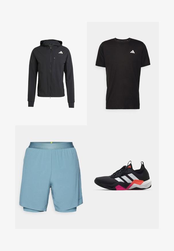 Svart hettejakke med glidelås laget av mykt, lett materiale. Har en glidelåslomme på brystet og logo detaljer øverst til venstre.; Svart bomulls t-skjorte med korte ermer, rund hals og en hvit logo på venstre bryst. Glatt tekstur og enkelt design.; Lyseblå idrettsshorts laget av glatt stoff, med flat midjebånd og innebygde innershorts, med kontrasterende gule detaljer.; Sorte idrettssko med hvite striper, teksturert overdel og en kraftig såle med oransje, rosa og hvite detaljer. Snøring med trekkstroppe.