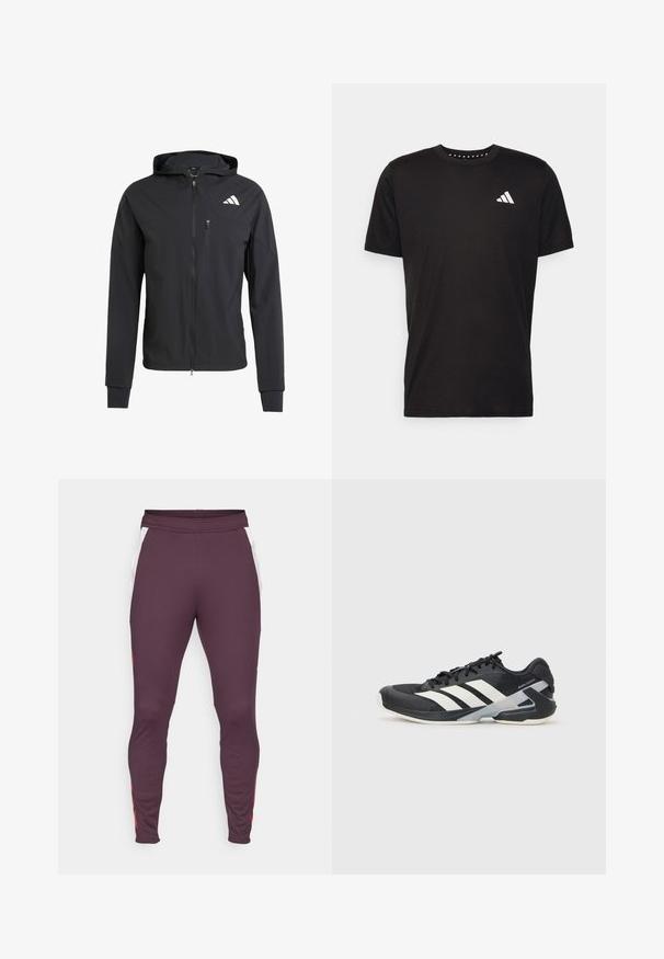 Crna zip-jakna s kapuljačom izrađena od mekog, laganog materijala. Ima ziper džep na grudima i detalj s logotipom na gornjoj lijevoj strani.; Crna pamučna majica s kratkim rukavima, okruglim izrezom i bijelim logotipom na lijevoj strani prsnog koša. Glatka tekstura i jednostavan dizajn.; Bordo atletske hlače napravljene od rastezljivog materijala. Imaju bijele bočne panele i crvene akcentue. Dizajn suženih nogavica s elastičnom tačkom.; Crne atletske cipele s bijelim prugama, mrežasta gornja strana, zaobljeni prst i podstavljeni đon. Imaju teksturiranu petu i siguran sustav vezivanja.