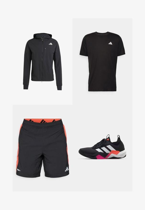 Μαύρο φούτερ με φερμουάρ, φτιαγμένο από μαλακό, ελαφρύ ύφασμα. Διαθέτει τσέπη στο στήθος με φερμουάρ και λεπτομέρεια λογότυπου στην αριστερή επάνω πλευρά.; Μαύρο βαμβακερό μπλουζάκι με κοντά μανίκια, στρογγυλή λαιμόκοψη και λευκό λογότυπο στην αριστερή πλευρά του στήθους. Λείο υλικό και απλός σχεδιασμός.; Μαύρα αθλητικά σορτς με πορτοκαλί πλαϊνές λωρίδες, ελαστική μέση και ανακλαστικό λογότυπο Adidas στο δεξί πόδι, ετικέτα Climacool από την αριστερή πλευρά.; Μαύρο αθλητικό παπούτσι με λευκές ρίγες, υφασμάτινη επιφάνεια με υφή και χοντρή σόλα με πορτοκαλί, ροζ και λευκές λεπτομέρειες. Σχέδιο με κορδόνια και λαβή.