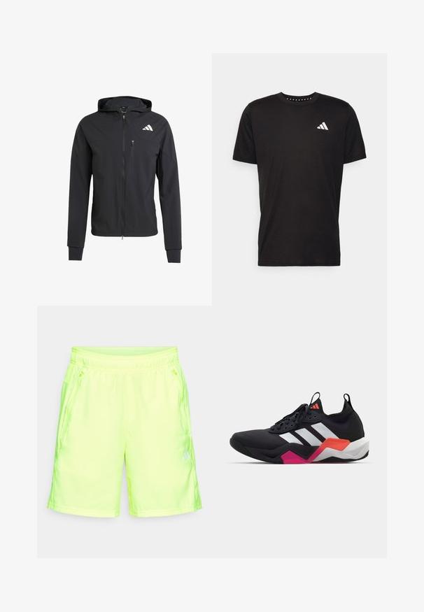 Čierna zipsová bunda s kapucňou vyrobená z mäkkej, ľahkej tkaniny. Má zipsovú náprsné vrecko a logo umiestnené v hornej ľavej časti.; Čierne bavlnené tričko s krátkymi rukávmi, klasickým výstrihom a bielym logom na ľavej strane hrude. Hladká textúra a jednoduchý dizajn.; Neón žlté športové šortky vyrobené z hladkej, ľahkej tkaniny, ktorá má elastický pás a bočné vrecká so zipsom.; Čierne športové topánky s bielymi pruhmi, textúrovaný zvršok a masívna podrážka s oranžovými, ružovými a bielymi detailmi. Šnurovací dizajn s pútkom.