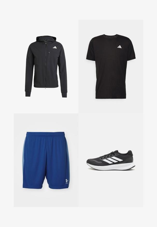 Fekete zipzáras kapucnis dzseki puha, könnyű anyagból. Zsebes mellzsebbel és logó részlettel a bal felső oldalon.; Fekete pamut póló rövid ujjal, kerek nyakkivágással, bal mellrészen fehér logóval. Sima textúra és egyszerű dizájn.; Kék sportnadrág könnyű anyagból, elasztikus derékkal, és egy kis logóval a jobb alsó lábszáron.; Fekete sportcipő légáteresztő hálós felsőrésszel, fehér kiegészítőkkel és párnázott talppal. Az oldalon három csíkkal ellátott logó található.