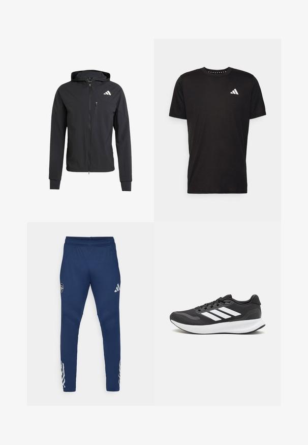 Jachetă neagră cu fermoar, cu glugă, realizată dintr-un material moale și ușor. Prezintă un buzunar pe piept cu fermoar și detalii cu logo în partea stângă sus.; Tricou negru din bumbac, cu mâneci scurte, de tip crew neckline, cu un logo alb pe pieptul stâng. Textură netedă și design simplu.; Pantaloni sportivi albaștri cu talie elastică, design cu picior îngustat, logo argintiu pe coapsă și detalii distinctive cu trei dungi pe partea inferioară a piciorului.; Pantof cu aspect sport de culoare neagră, cu un upper din plasă respirabilă, accente albe și o talpă amortizată. Include logo-ul cu trei dungi pe lateral.