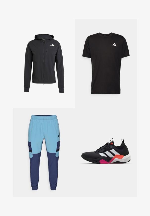 Fekete zipzáras kapucnis dzseki puha, könnyű anyagból. Zsebes mellzsebbel és logó részlettel a bal felső oldalon.; Fekete pamut póló rövid ujjal, kerek nyakkivágással, bal mellrészen fehér logóval. Sima textúra és egyszerű dizájn.; Kék és sötétkék kötött nadrág, rugalmas derékkal, oldalsó zsebekkel és cargo stílusú részletekkel. Puha, légáteresztő anyagból készült.; Fekete sportcipő fehér csíkokkal, texturált felső résszel és tömzsi talppal, narancssárga, rózsaszín és fehér díszítéssel. Fűzős kivitel, húzófüllel.
