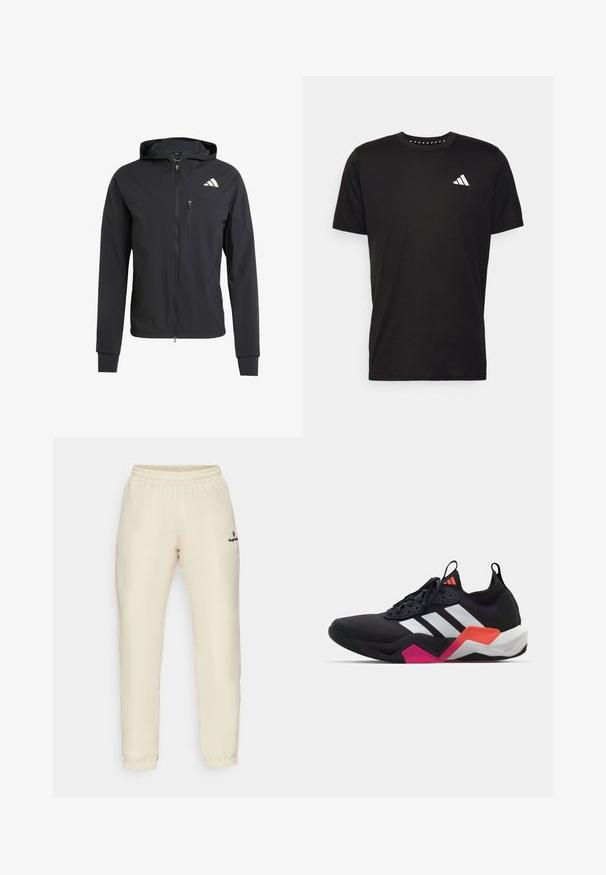 Crna zip-jakna s kapuljačom izrađena od mekog, laganog materijala. Ima ziper džep na grudima i detalj s logotipom na gornjoj lijevoj strani.; Crna pamučna majica s kratkim rukavima, okruglim izrezom i bijelim logotipom na lijevoj strani prsnog koša. Glatka tekstura i jednostavan dizajn.; Bežice hlače s elastičnim pojasom i glatkom teksturom. Imaju nabrane manžete i mali crni logo na lijevoj strani.; Crne atletske tenisice s bijelim prugama, teksturiranim gornjim dijelom i debelim potplatom s narančastim, ružičastim i bijelim detaljima. Dizajn s vezicama i trakom za povlačenje.
