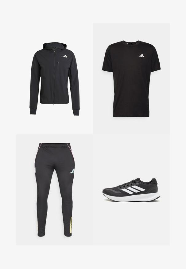 Casaco com capuz preto, com fecho éclair, feito de um tecido suave e leve. Possui um bolso no peito com fecho éclair e detalhe do logo no lado superior esquerdo.; T-shirt de algodão preto com mangas curtas, decote redondo e um logo branco no lado esquerdo do peito. Textura suave e design simples.; Calças de treino pretas com um design ajustado, apresentando detalhes em rosa e verde-água, bolsos laterais e riscas amarelas próximas aos tornozelos.; Shoe de atletismo preto com parte superior em malha respirável, detalhes brancos e sola almofadada. Apresenta o logotipo das três riscas na lateral.