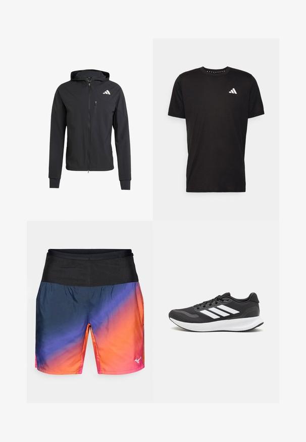 Chaqueta con capucha de color negro y cremallera, hecha de un tejido suave y ligero. Presenta un bolsillo en el pecho con cremallera y un detalle del logo en el lado superior izquierdo.; Camiseta de algodón negra con mangas cortas, cuello redondo y un logo blanco en el lado izquierdo del pecho. Textura suave y diseño sencillo.; Pantalones cortos deportivos para hombres con un diseño degradado de azul marino a naranja, con una cinturilla negra y tejido suave y ligero.; Zapatilla deportiva negra con parte superior de malla transpirable, acentos en blanco y una suela acolchada. Presenta el logo de tres rayas en el costado.