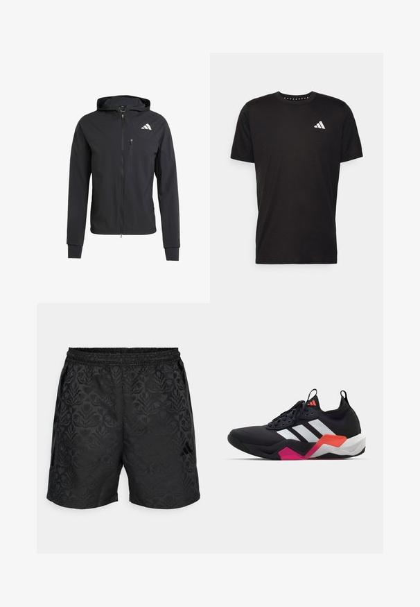 Černá zipová mikina s kapucí vyrobená z měkké, lehké látky. Obsahuje zipovou kapsu na prsou a detail loga na horní levé straně.; Černé bavlněné tričko s krátkým rukávem, kulatým výstřihem a bílým logem na levé hrudi. Hladká textura a jednoduchý design.; Černé šortky s texturovaným květinovým vzorem, elastickým pasem, bočními kapsami a malým logem na dolním pravém boku.; Černá sportovní bota s bílými pruhy, texturovaným svrškem a robustní podešví, která má oranžové, růžové a bílé akcenty. Šněrovací design s poutkem.