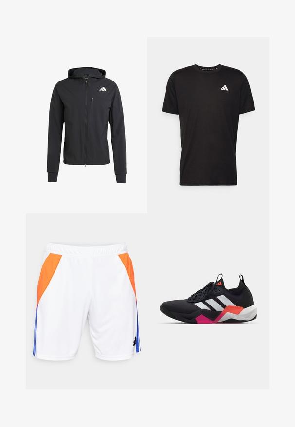 Czarna, zapinana na zamek kurtka z kapturem, wykonana z miękkiego, lekkiego materiału. Posiada kieszeń na zamek na klatce piersiowej oraz detal z logo na górnej lewej stronie.; Czarna bawełniana koszulka z krótkim rękawem, okrągłym dekoltem i białym logo na lewej piersi. Gładka tekstura i prosty design.; adidas Performance TIRO24 niebieski; Czarne buty sportowe z białymi paskami, teksturowana cholewka oraz gruba podeszwa z pomarańczowymi, różowymi i białymi akcentami. Sznurowana konstrukcja z uchwytem.