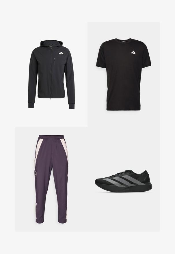 Schwarze Zip-Hoodie-Jacke aus weichem, leichtem Stoff. Verfügt über eine mit Reißverschluss verschlossene Brusttasche und ein Logodetail auf der oberen linken Seite.; Schwarzes Baumwoll-T-Shirt mit kurzen Ärmeln, Rundhalsausschnitt und einem weißen Logo auf der linken Brust. Glatte Textur und einfaches Design.; Dunkelviolette Sporthose mit weißen Seitenstreifen und elastischem Bund. Mit einem kleinen Logo nahe dem linken Oberschenkel. Glattes, leichtes Material.; Schwarze Sportschuhe mit einem leichten Design, ausgestattet mit drei auffälligen grauen Streifen, einer glatten Textur und einer konturierten Sohle.