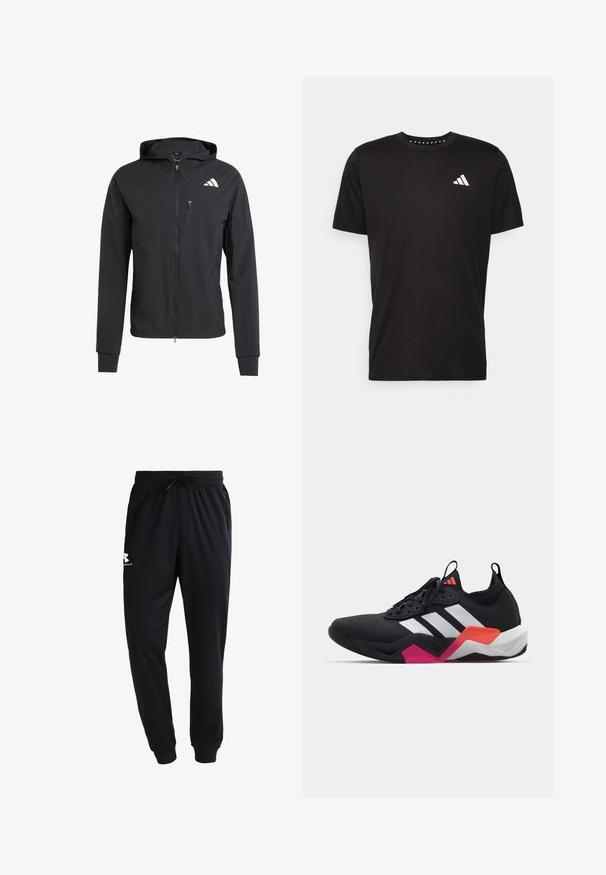 Crna zip-jakna s kapuljačom izrađena od mekog, laganog materijala. Ima ziper džep na grudima i detalj s logotipom na gornjoj lijevoj strani.; Crna pamučna majica s kratkim rukavima, okruglim izrezom i bijelim logotipom na lijevoj strani prsnog koša. Glatka tekstura i jednostavan dizajn.; Crne trenirke od mješavine pamuka; elastičan pojas s vezicom, sužene nogavice i bijeli logotip na lijevom bedru. Mekana tekstura.; Crne atletske tenisice s bijelim prugama, teksturiranim gornjim dijelom i debelim potplatom s narančastim, ružičastim i bijelim detaljima. Dizajn s vezicama i trakom za povlačenje.