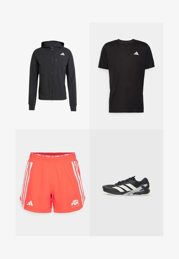 Musta vetoketjullinen huppari, joka on valmistettu pehmeästä ja kevyestä kankaasta. Siinä on vetoketjullinen rintatasku ja logotunnus vasemmalla ylhäällä.; Musta puuvillapaita lyhyillä hihoilla, pyöreä pääntie ja valkoinen logo vasemmassa rinnassa. Sujuva rakenne ja yksinkertainen muotoilu.; Punaiset juoksushortsit, joissa on valkoiset kolmi-nauhat sivuilla, joustava vyötärö, jossa on teksti "JUOKSU", ja "AR"-logo etupuolella.; Mustat urheilukengät valkoisilla raidoilla, verkkomateriaalia ylhäällä, pyöristetty kärki ja pehmustettu pohja. Varustettu teksturoidulla kantapäällä ja turvallisella nauhoitusjärjestelmällä.