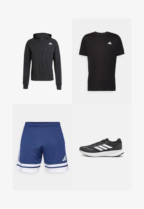 Fekete zipzáras kapucnis dzseki puha, könnyű anyagból. Zsebes mellzsebbel és logó részlettel a bal felső oldalon.; Fekete pamut póló rövid ujjal, kerek nyakkivágással, bal mellrészen fehér logóval. Sima textúra és egyszerű dizájn.; Sötétkék sportnadrág könnyű anyagból, fehér és kék csíkos díszítéssel az alján és rugalmas derékkal.; Fekete sportcipő légáteresztő hálós felsőrésszel, fehér kiegészítőkkel és párnázott talppal. Az oldalon három csíkkal ellátott logó található.