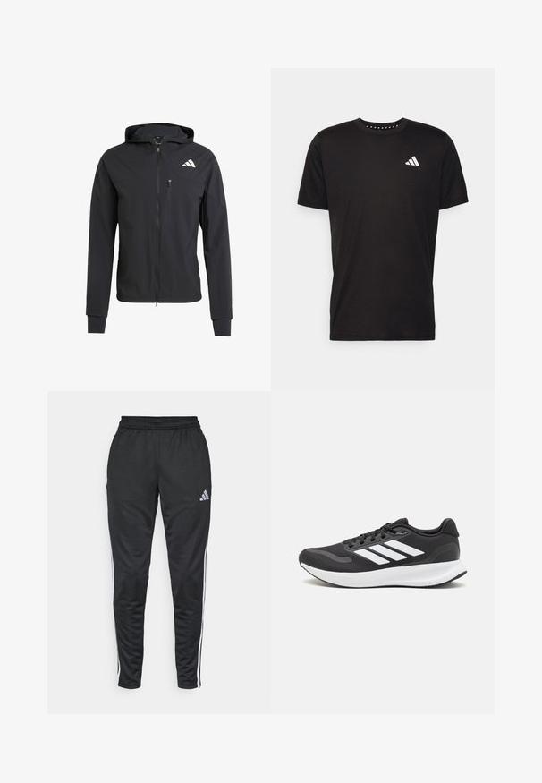 Casaco com capuz preto, com fecho éclair, feito de um tecido suave e leve. Possui um bolso no peito com fecho éclair e detalhe do logo no lado superior esquerdo.; T-shirt de algodão preto com mangas curtas, decote redondo e um logo branco no lado esquerdo do peito. Textura suave e design simples.; Calças de desporto pretas em tecido leve, com corte slim, cintura elástica e riscas brancas laterais, apresentando um pequeno logotipo na parte superior da coxa.; Shoe de atletismo preto com parte superior em malha respirável, detalhes brancos e sola almofadada. Apresenta o logotipo das três riscas na lateral.