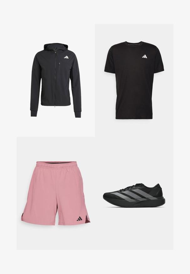 Musta vetoketjullinen huppari, joka on valmistettu pehmeästä ja kevyestä kankaasta. Siinä on vetoketjullinen rintatasku ja logotunnus vasemmalla ylhäällä.; Musta puuvillapaita lyhyillä hihoilla, pyöreä pääntie ja valkoinen logo vasemmassa rinnassa. Sujuva rakenne ja yksinkertainen muotoilu.; adidas Performance Urheilushortsit - preloved crimson; Mustat urheilukengät, joissa on kevyt muotoilu, kolme näkyvää harmaata raitaa, sileä pinta ja muotoiltu pohja.
