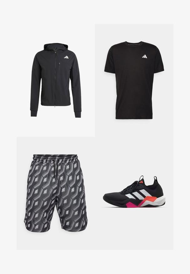 Schwarze Zip-Hoodie-Jacke aus weichem, leichtem Stoff. Verfügt über eine mit Reißverschluss verschlossene Brusttasche und ein Logodetail auf der oberen linken Seite.; Schwarzes Baumwoll-T-Shirt mit kurzen Ärmeln, Rundhalsausschnitt und einem weißen Logo auf der linken Brust. Glatte Textur und einfaches Design.; Schwarze Shorts mit einem geometrischen grauen Muster, elastischem Bund mit Kordelzug und sichtbaren Seitentaschen. Hergestellt aus leichtem Stoff.; Schwarzer Sportschuh mit weißen Streifen, strukturierter Oberseite und einer klobigen Sohle, die orangefarbene, rosa und weiße Akzente aufweist. Geflochtenes Design mit Zugschlaufe.