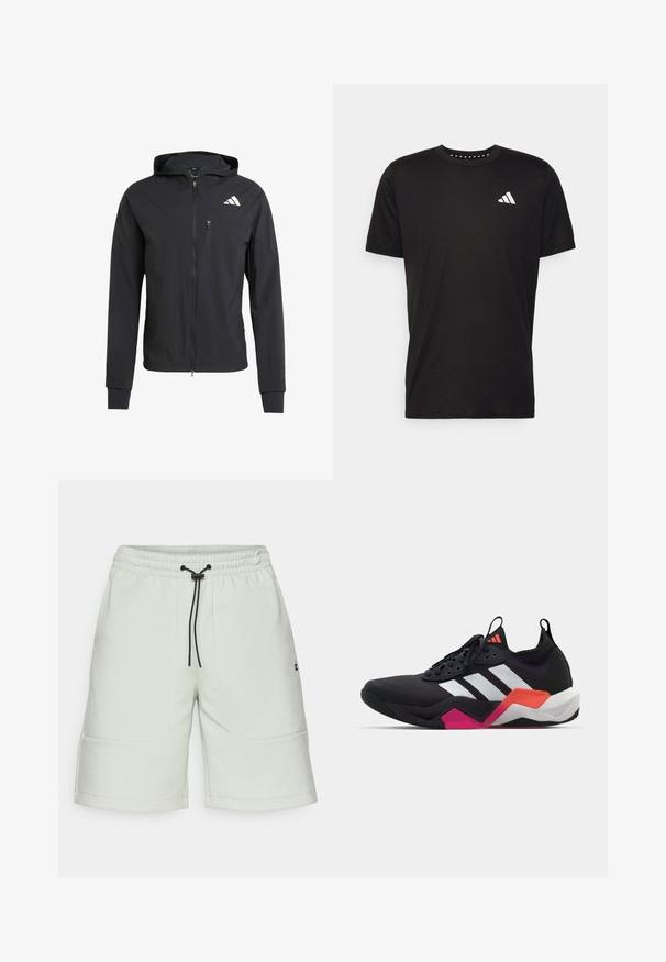 Juodas užtrauktuku užsegamas džemperis su gobtuvu, pagamintas iš minkštos, lengvos medžiagos. Turi užtrauktuką krūtinės kišenėje ir logotipą viršutiniame kairiajame kampe.; Juodas medvilnės marškinėliai trumpomis rankovėmis, su apvalia iškirpte ir balta logo kairiajame krūtinės šone. Lygus tekstūra ir paprastas dizainas.; Šviesiai žali šortai, pagaminti iš minkštos medžiagos, su elastingu juosmeniu, raišteliu ir dviem priekinėmis kišenėmis. Šone yra logotipo detalė.; Juodos sportinės bateliai su baltais dryžiais, tekstūruota viršutinė dalis ir masyvus padas su oranžinėmis, rožinėmis ir baltomis detalėmis. Su raišteliais ir su traukimo juostele.