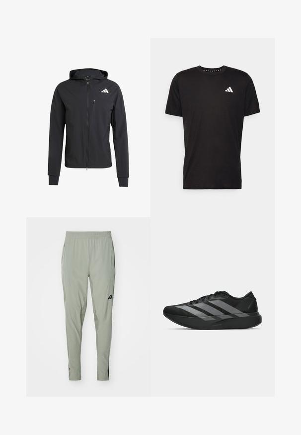 Schwarze Zip-Hoodie-Jacke aus weichem, leichtem Stoff. Verfügt über eine mit Reißverschluss verschlossene Brusttasche und ein Logodetail auf der oberen linken Seite.; Schwarzes Baumwoll-T-Shirt mit kurzen Ärmeln, Rundhalsausschnitt und einem weißen Logo auf der linken Brust. Glatte Textur und einfaches Design.; adidas Performance HYBRID PANT - Jogginghose - silver pebble; Schwarze Sportschuhe mit einem leichten Design, ausgestattet mit drei auffälligen grauen Streifen, einer glatten Textur und einer konturierten Sohle.