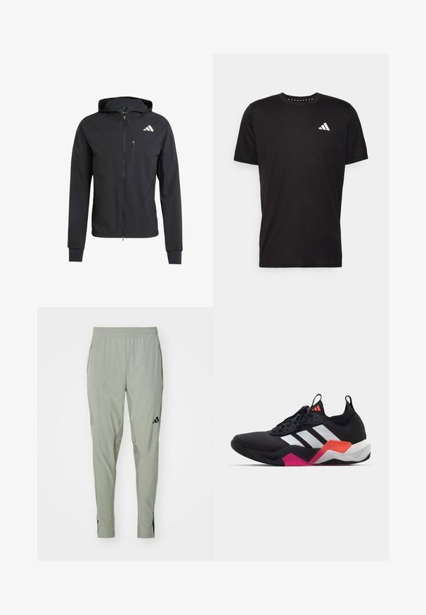 Zwarte ritssluiting capuchonjack van zacht, lichtgewicht materiaal. Heeft een ritszak op de borst en een logo-detail aan de bovenste linkerkant.; Zwarte katoenen t-shirt met korte mouwen, ronde hals en een wit logo op de linkerkant van de borst. Gladde textuur en eenvoudig ontwerp.; adidas Performance HYBRID PANT - Trainingsbroek - silver pebble; Zwarte sportschoen met witte strepen, textuur bovenwerk en een chunky zool met oranje, roze en witte accenten. Vetersluiting met een treklus.