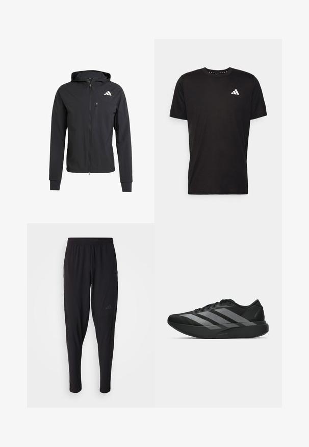 Crna zip-jakna s kapuljačom izrađena od mekog, laganog materijala. Ima ziper džep na grudima i detalj s logotipom na gornjoj lijevoj strani.; Crna pamučna majica s kratkim rukavima, okruglim izrezom i bijelim logotipom na lijevoj strani prsnog koša. Glatka tekstura i jednostavan dizajn.; Crne sportske hlače s elastičnim pojasom, suženim dizajnom, bočnim džepovima i suptilnim logotipom. Izrađene od fleksibilne, prozračne tkanine.; Crne atletske tenisice s laganim dizajnom, koje imaju tri istaknute sive pruge, glatku teksturu i oblikovanu pogodnu potplat.