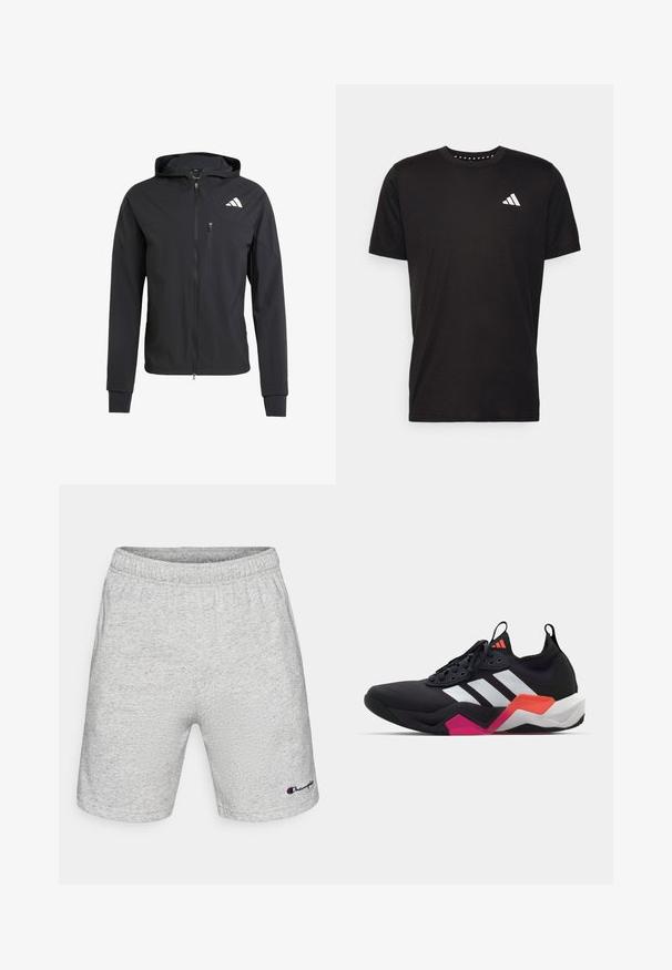 Μαύρο φούτερ με φερμουάρ, φτιαγμένο από μαλακό, ελαφρύ ύφασμα. Διαθέτει τσέπη στο στήθος με φερμουάρ και λεπτομέρεια λογότυπου στην αριστερή επάνω πλευρά.; Μαύρο βαμβακερό μπλουζάκι με κοντά μανίκια, στρογγυλή λαιμόκοψη και λευκό λογότυπο στην αριστερή πλευρά του στήθους. Λείο υλικό και απλός σχεδιασμός.; Γκρι σορτσάκι από βαμβακερό μείγμα με ελαστική μέση, με ένα μικρό κεντητό λογότυπο στον αριστερό δεξιό μηρό. Μαλακό, υφασμάτινο υλικό.; Μαύρο αθλητικό παπούτσι με λευκές ρίγες, υφασμάτινη επιφάνεια με υφή και χοντρή σόλα με πορτοκαλί, ροζ και λευκές λεπτομέρειες. Σχέδιο με κορδόνια και λαβή.