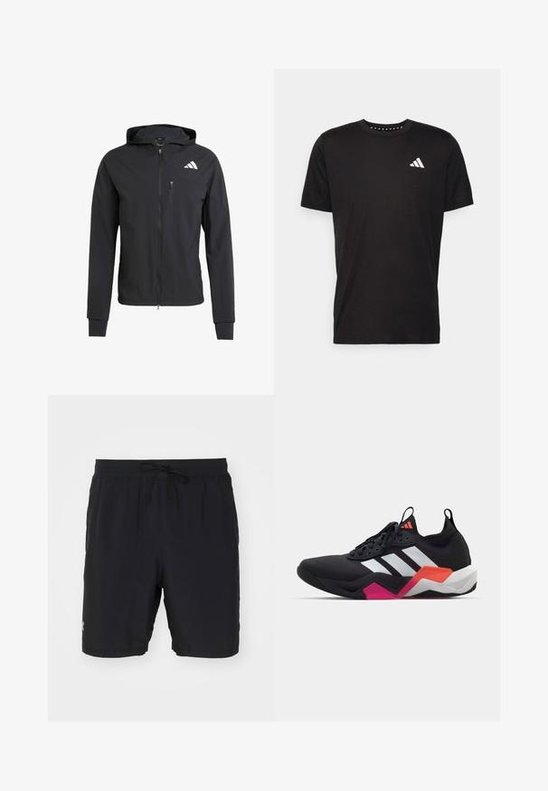 Musta vetoketjullinen huppari, joka on valmistettu pehmeästä ja kevyestä kankaasta. Siinä on vetoketjullinen rintatasku ja logotunnus vasemmalla ylhäällä.; Musta puuvillapaita lyhyillä hihoilla, pyöreä pääntie ja valkoinen logo vasemmassa rinnassa. Sujuva rakenne ja yksinkertainen muotoilu.; Mustat uimapuvut, jotka on valmistettu kevyestä kankaasta. Niissä on joustava vyötärö, jossa on nauha, sivutaskut ja hillitty logoyksityiskohta.; Musta urheilukenkä valkoisilla raidalla, teksturoitu päällinen ja paksu pohja, jossa oranssia, vaaleanpunaista ja valkoista korostusta. Nauhakiinnitys ja vetotappi.