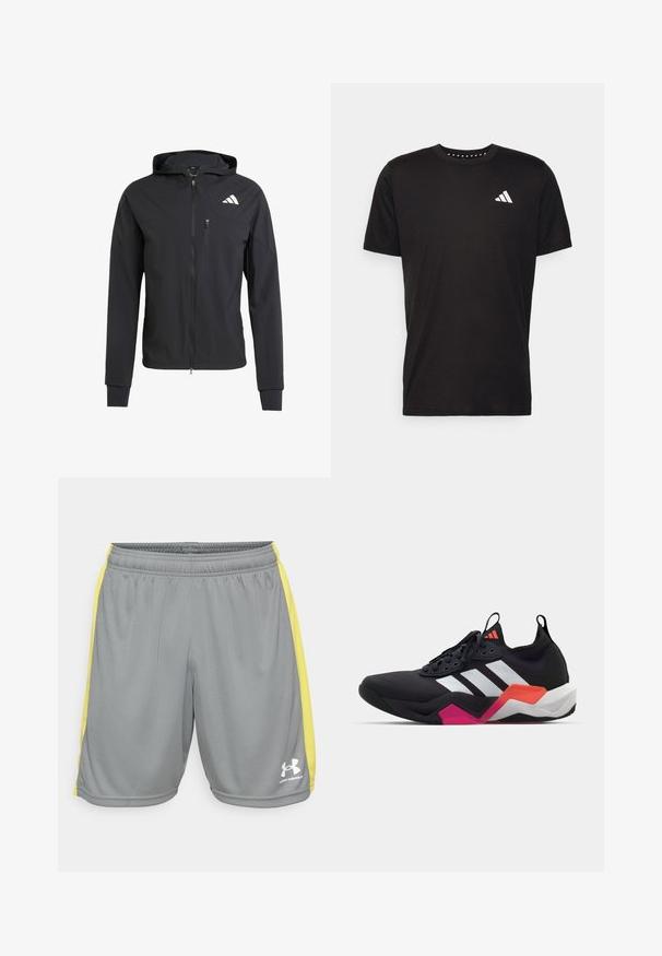 Musta vetoketjullinen huppari, joka on valmistettu pehmeästä ja kevyestä kankaasta. Siinä on vetoketjullinen rintatasku ja logotunnus vasemmalla ylhäällä.; Musta puuvillapaita lyhyillä hihoilla, pyöreä pääntie ja valkoinen logo vasemmassa rinnassa. Sujuva rakenne ja yksinkertainen muotoilu.; Harmaat urheilushortsit, joissa on keltaiset sivuviivat ja joustava vyötärö, sekä valkoinen Under Armour -logo oikeassa alareunassa.; Musta urheilukenkä valkoisilla raidalla, teksturoitu päällinen ja paksu pohja, jossa oranssia, vaaleanpunaista ja valkoista korostusta. Nauhakiinnitys ja vetotappi.
