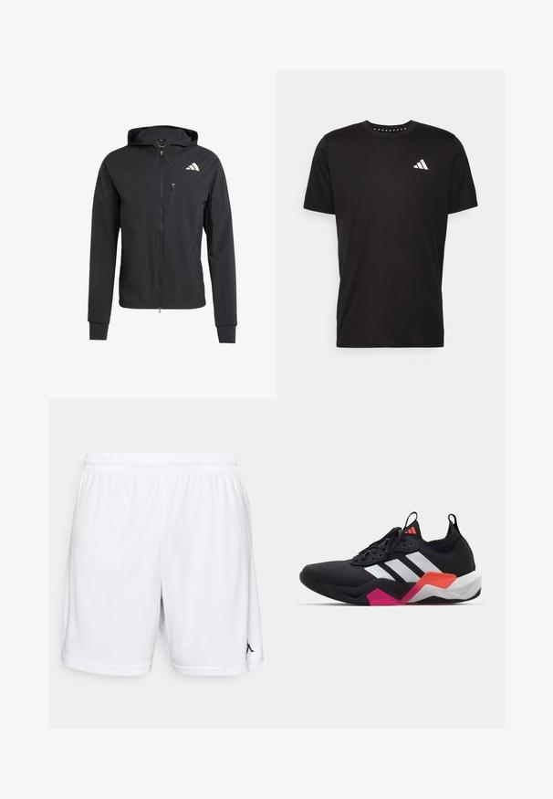 Crna zip-jakna s kapuljačom izrađena od mekog, laganog materijala. Ima ziper džep na grudima i detalj s logotipom na gornjoj lijevoj strani.; Crna pamučna majica s kratkim rukavima, okruglim izrezom i bijelim logotipom na lijevoj strani prsnog koša. Glatka tekstura i jednostavan dizajn.; Bijele atletske kratke hlače izrađene od lagane tkanine, s elastičnim pojasom i crnim logotipom na donjoj lijevoj nozi.; Crne atletske tenisice s bijelim prugama, teksturiranim gornjim dijelom i debelim potplatom s narančastim, ružičastim i bijelim detaljima. Dizajn s vezicama i trakom za povlačenje.