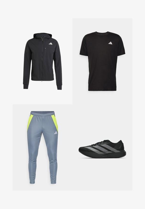 Czarna, zapinana na zamek kurtka z kapturem, wykonana z miękkiego, lekkiego materiału. Posiada kieszeń na zamek na klatce piersiowej oraz detal z logo na górnej lewej stronie.; Czarna bawełniana koszulka z krótkim rękawem, okrągłym dekoltem i białym logo na lewej piersi. Gładka tekstura i prosty design.; Szare spodnie sportowe z neonowymi żółtymi bocznymi panelami, elastycznym pasem, zwężającym się krojem nogawki oraz odblaskowym logo z przodu.; Czarne buty sportowe o lekkiej konstrukcji, z trzema wyraźnymi szarymi paskami, gładką fakturą i wyprofilowaną podeszwą.