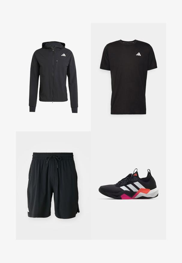 Fekete zipzáras kapucnis dzseki puha, könnyű anyagból. Zsebes mellzsebbel és logó részlettel a bal felső oldalon.; Fekete pamut póló rövid ujjal, kerek nyakkivágással, bal mellrészen fehér logóval. Sima textúra és egyszerű dizájn.; Fekete sportos rövidnadrág, húzózsinórral ellátott derékrésszel, oldalsó zsebek perforált részletekkel, és fehér logóval a bal lábon.; Fekete sportcipő fehér csíkokkal, texturált felső résszel és tömzsi talppal, narancssárga, rózsaszín és fehér díszítéssel. Fűzős kivitel, húzófüllel.