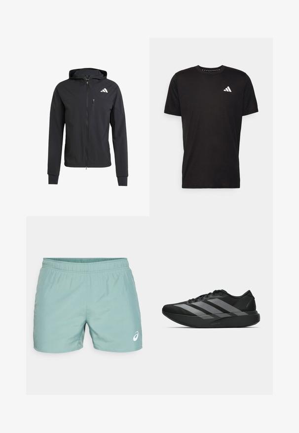 Black zip-up hooded jacket made of soft, lightweight fabric. Features a zippered chest pocket and logo detail on the upper left side.; Black cotton t-shirt with short sleeves, crew neckline, and a white logo on the left chest. Smooth texture and simple design.; ASICS CORE SHORT - Sports shorts - celadon; Black athletic shoes with a lightweight design, featuring three prominent gray stripes, a smooth texture, and a contoured sole.