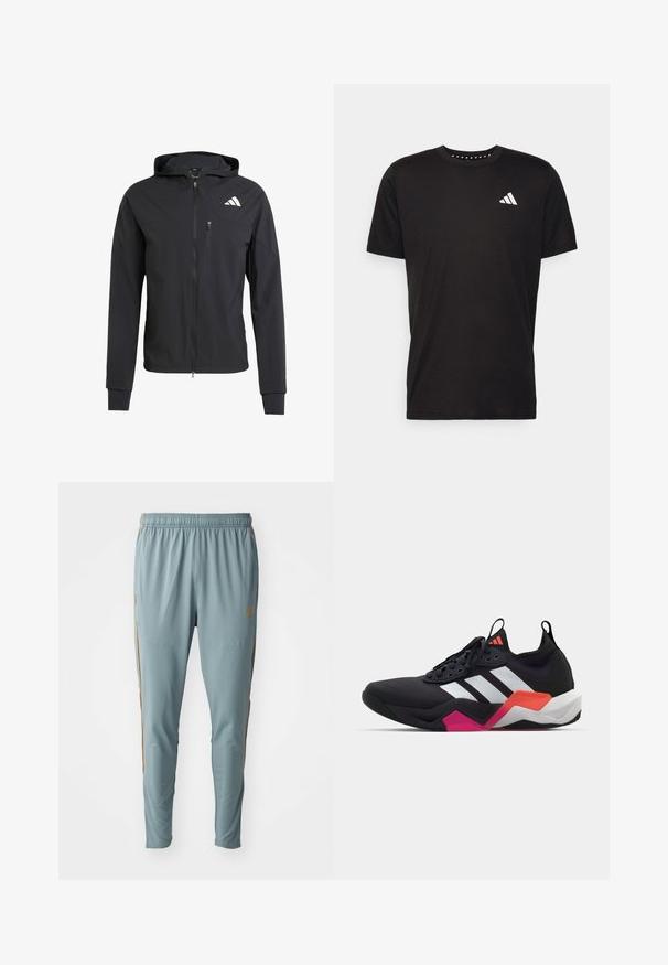 Črna zip-up kapuca iz mehkega, lahkotnega materiala. Ima žep na prsih z zadrgo in detajl logotipa na zgornji levi strani.; Črna bombažna majica s kratkimi rokavi, okroglim izrezom in belim logotipom na levem prsnem predelu. Gladka tekstura in preprost dizajn.; Svijetloplave atletske hlače od glatkog materijala, s elastičnom strukom i narančastim bočnim naglascima. Uskladeni dizajn s suženim nogavicama.; Črne športne čevlje z belimi črtami, teksturirano zgornjim delom in robustnim podplatom z oranžnimi, roza in belimi poudarki. Zavezovanje z vlečno spono.