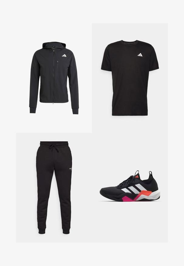 Črna zip-up kapuca iz mehkega, lahkotnega materiala. Ima žep na prsih z zadrgo in detajl logotipa na zgornji levi strani.; Črna bombažna majica s kratkimi rokavi, okroglim izrezom in belim logotipom na levem prsnem predelu. Gladka tekstura in preprost dizajn.; Björn Borg ESSENTIAL PANTS - Spodnji deli trenirk - black beauty; Črne športne čevlje z belimi črtami, teksturirano zgornjim delom in robustnim podplatom z oranžnimi, roza in belimi poudarki. Zavezovanje z vlečno spono.