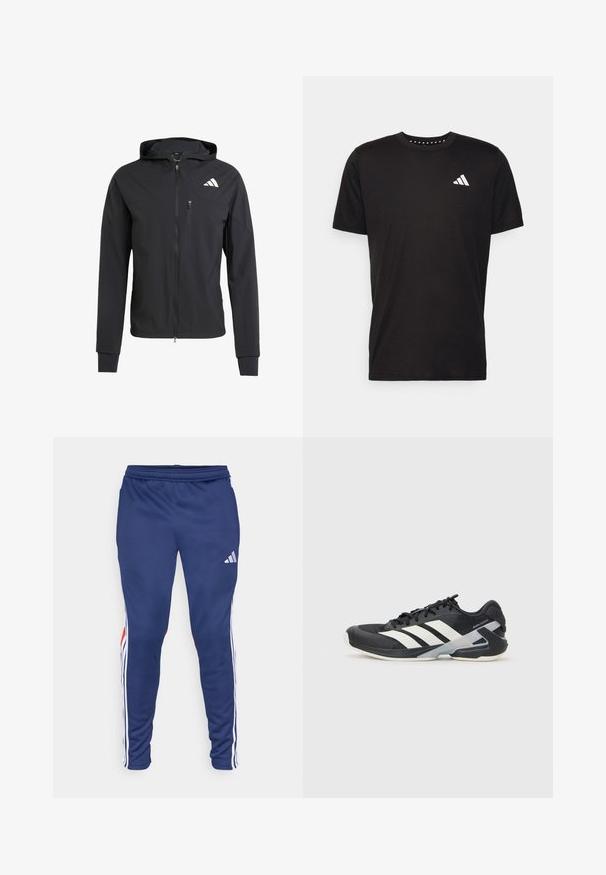Crna zip-jakna s kapuljačom izrađena od mekog, laganog materijala. Ima ziper džep na grudima i detalj s logotipom na gornjoj lijevoj strani.; Crna pamučna majica s kratkim rukavima, okruglim izrezom i bijelim logotipom na lijevoj strani prsnog koša. Glatka tekstura i jednostavan dizajn.; Mornarice atletske hlače s bijelim bočnim prugama i crvenim detaljima. Izrađene od glatkog materijala s elastičnom gumicom u struku za udobnost. Sadrže Adidas logo.; Crne atletske cipele s bijelim prugama, mrežasta gornja strana, zaobljeni prst i podstavljeni đon. Imaju teksturiranu petu i siguran sustav vezivanja.