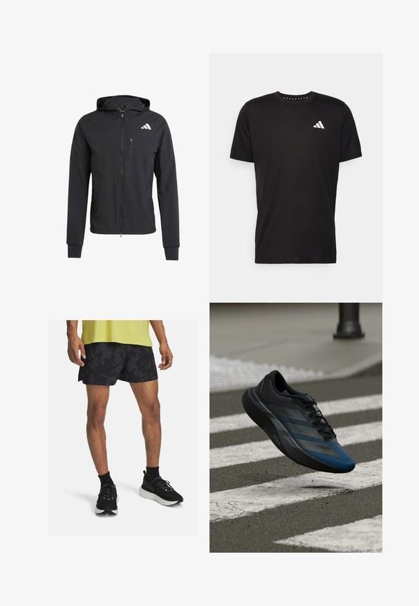 Črna zip-up kapuca iz mehkega, lahkotnega materiala. Ima žep na prsih z zadrgo in detajl logotipa na zgornji levi strani.; Črna bombažna majica s kratkimi rokavi, okroglim izrezom in belim logotipom na levem prsnem predelu. Gladka tekstura in preprost dizajn.; Črne športne hlače z teksturirano površino, v kombinaciji s črnimi športnimi čevlji z belim podplatom in črnimi gležnjarji. Rumena majica z perforacijami.; Črno in modro atletsko čevlje z aerodinamičnim dizajnom, teksturirano zgornjo plastjo, kontrastnimi črtami ter oblazinjeno podplatom, ki lebdi nad asfaltom.