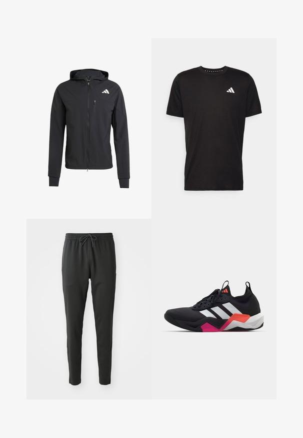 Melnas jaku ar rāvējslēdzēju, izgatavota no mīksta, viegla auduma. Iekļauj rāvējslēdzēja kabatu krūtīs un logotipa dizainu augšējā kreisajā pusē.; Melna kokvilnas t-krekls ar īsām piedurknēm, apaļu dekoltē un balto logo uz kreisā krūts. Gluda tekstūra un vienkāršs dizains.; Melnas sporta bikses, kas izgatavotas no mīksta auduma, aprīkotas ar elastīgu jostas daļu ar auklu, ar tievām kājām un bez redzamām mūsu rakstainēm vai akcentiem.; Melna sporta kurpe ar baltām svītrām, teksturētu virsējo daļu un masīvu zoli, kurai ir oranži, rozā un baltie akcenti. Auklu dizains ar vilkšanas cilpu.